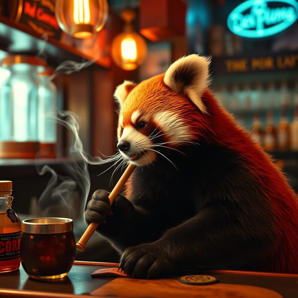 Surreal Cityscape of a Red Panda Enjoying a Pipe in a New Yo...