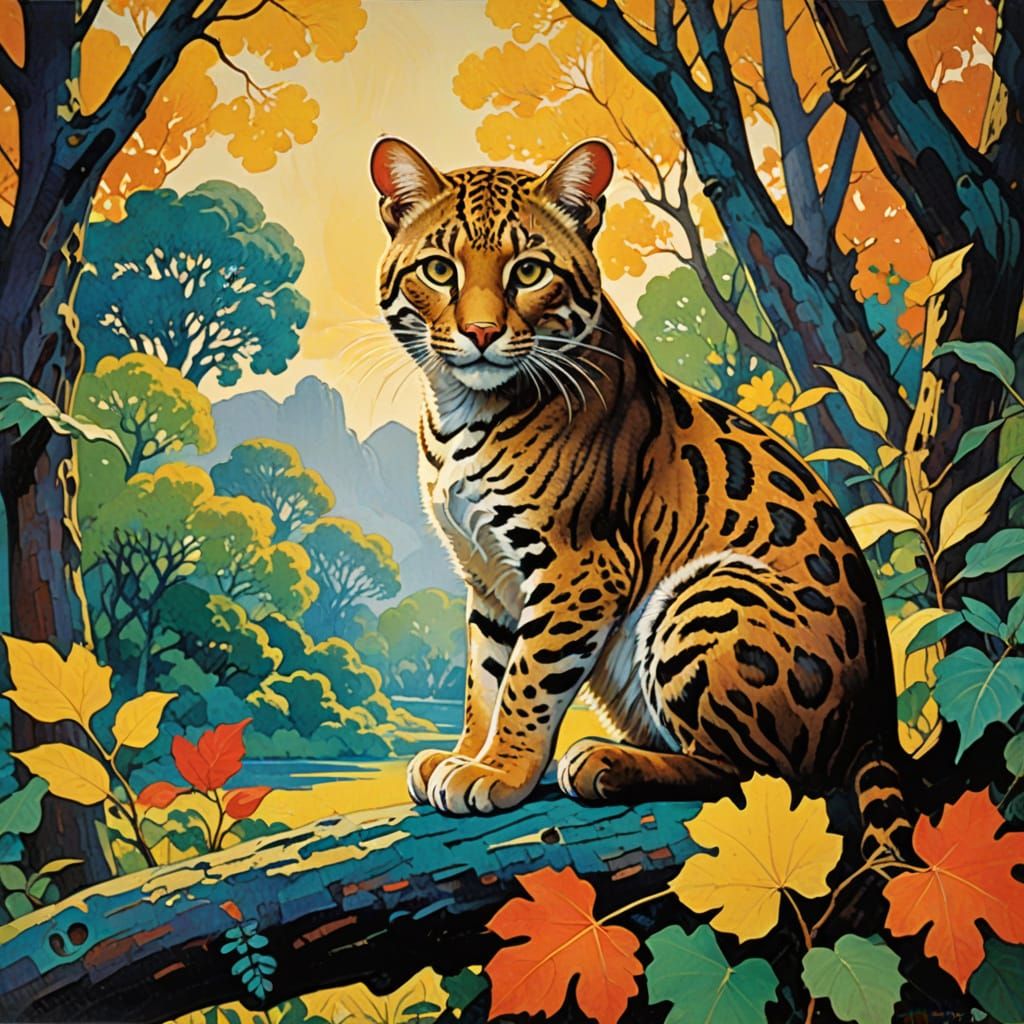 Impressionist Masterpiece: Vibrant Ocelot in Jungle Tree