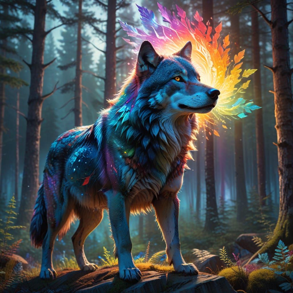 Wolf Radiating Rainbow Aura in Enchanted Canadian Wilderness