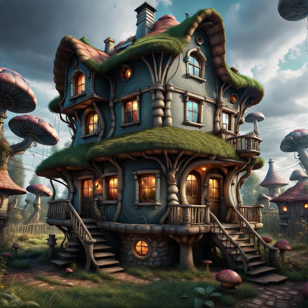 Hyperrealistic Mushroom House in Johnny-5 Style