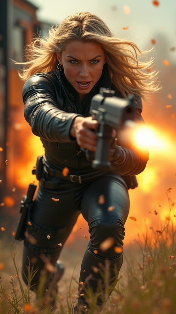 Hyper-Realistic Blonde Warrior in Fiery Gunfight