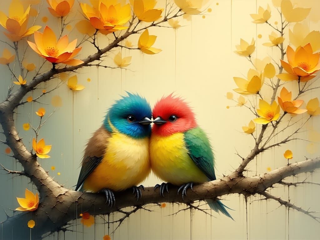 Fluffy Lovebirds on Blossoming Branch in Soft Light