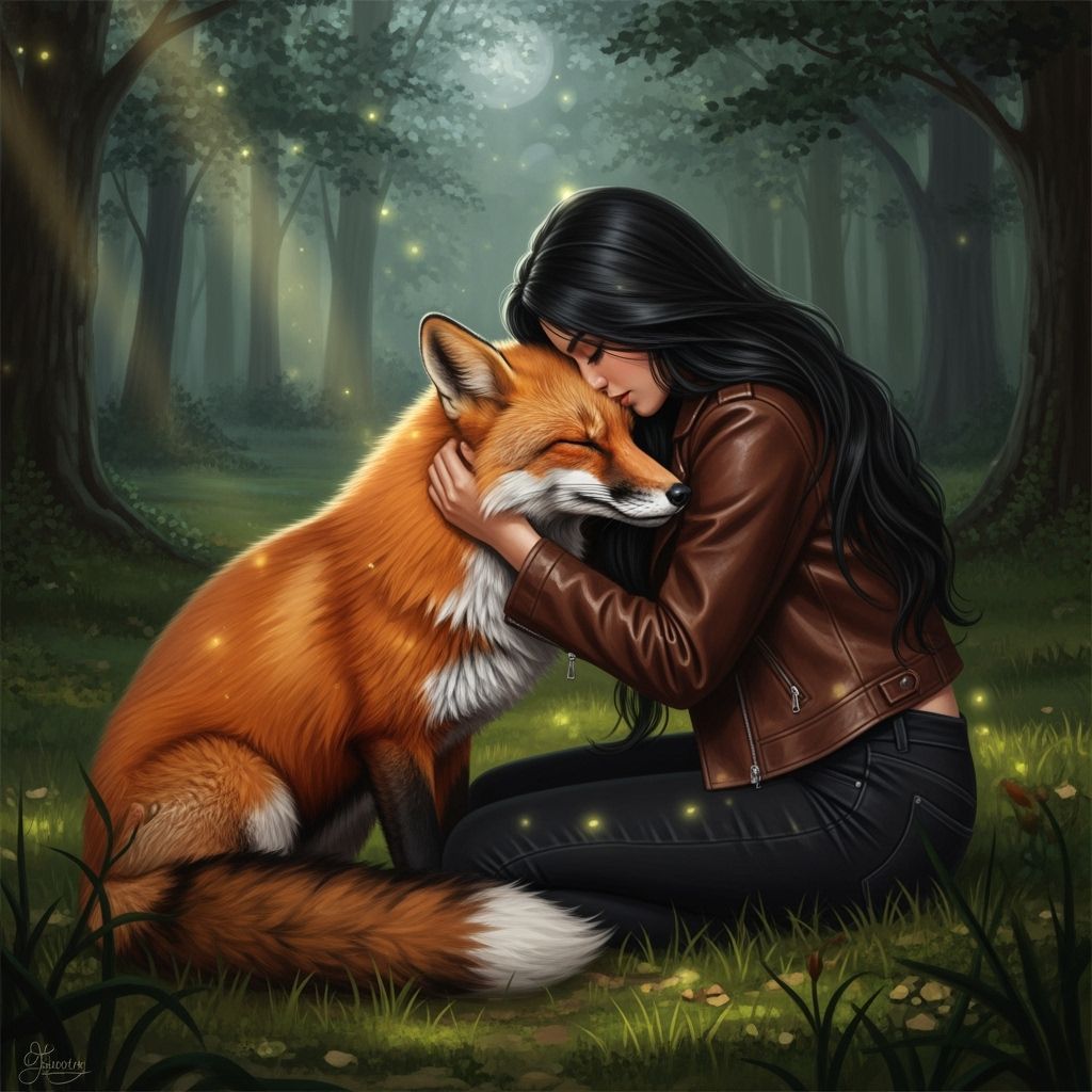 Fox Cuddles Woman in Moonlit Forest, Painterly Realism