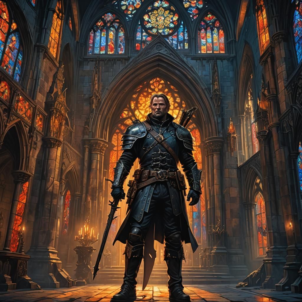 Van Helsing in Gothic Cathedral: Cinematic Oil Painting