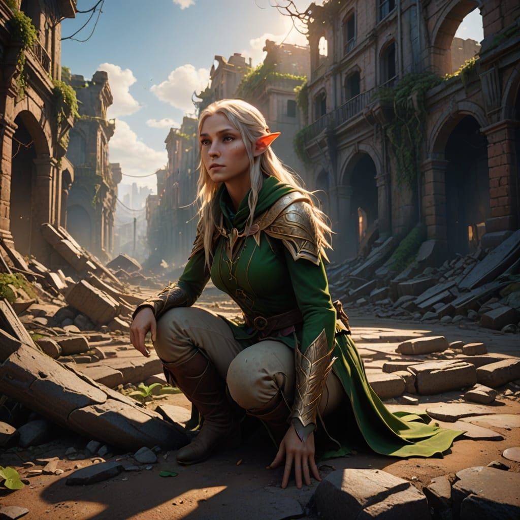Elegant Elf Maiden Amidst Ruins