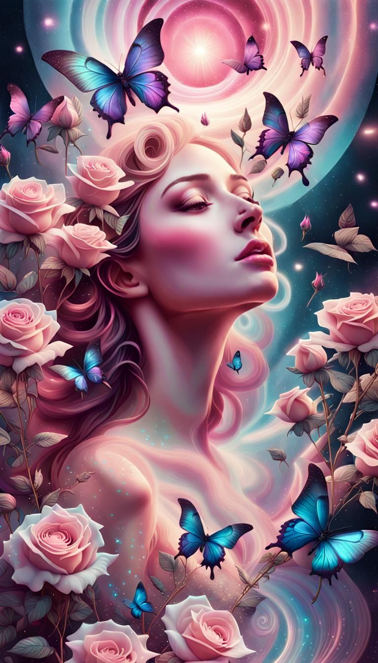Cosmic Roses and Butterflies in Surrealist Style