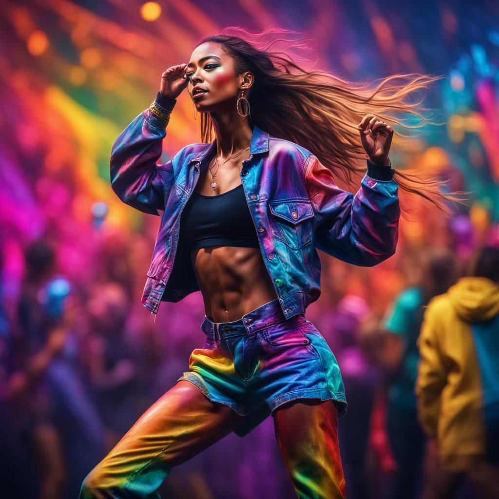 90s Raver: Hyperrealistic Dancing Woman Portrait