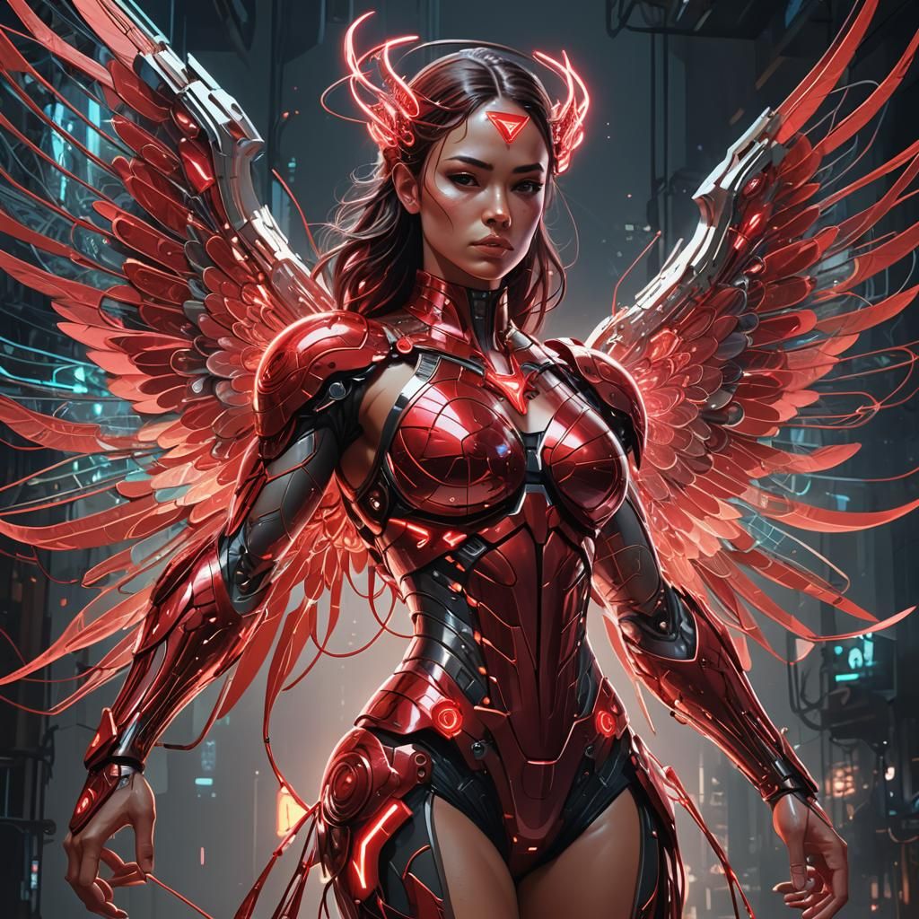 Futuristic Ruby Winged Angel in Scarlet Armor