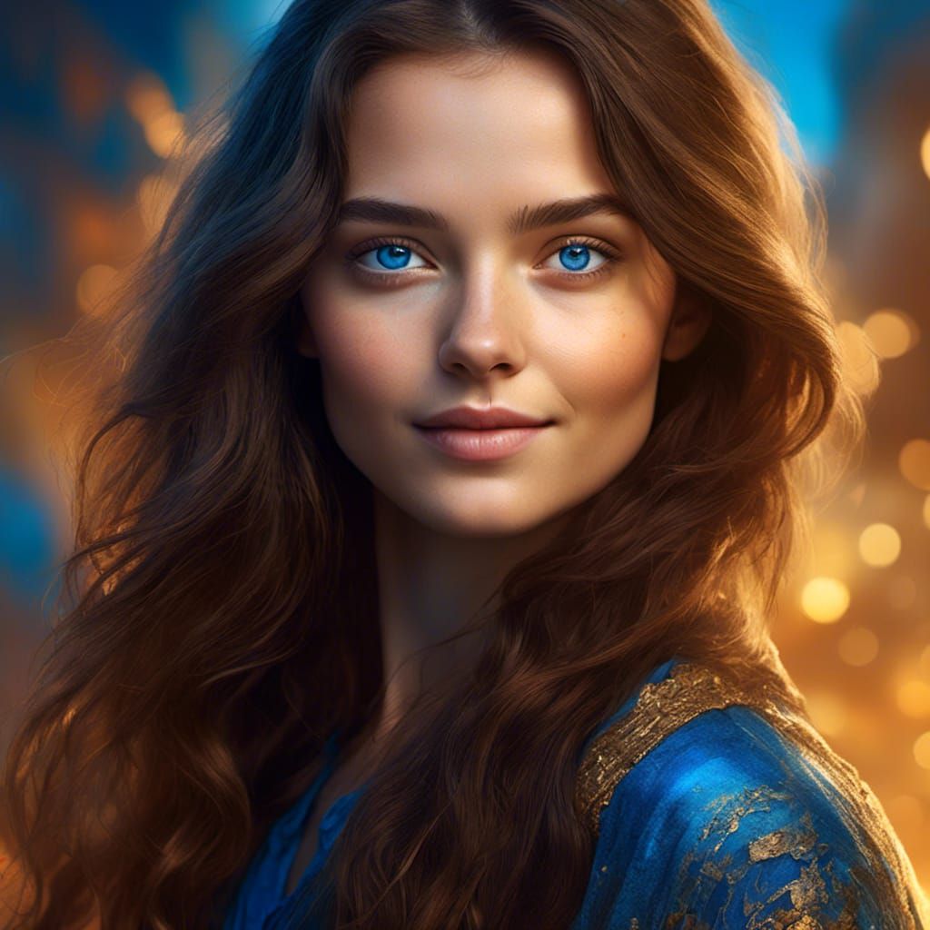 Beautiful Woman Portrait with Blue Eyes, Hyperrealistic Art