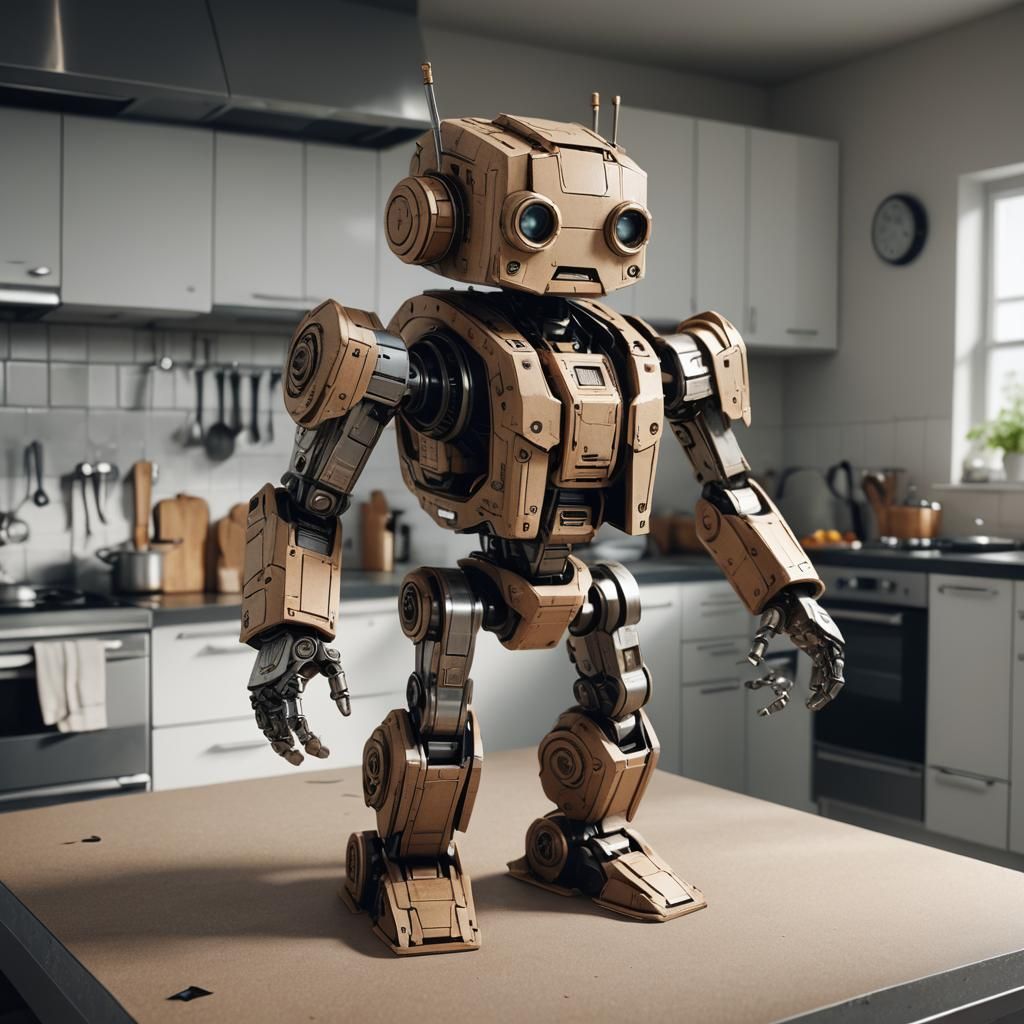 Cardboard Robot Walker: Sci-Fi Kitchen Scene