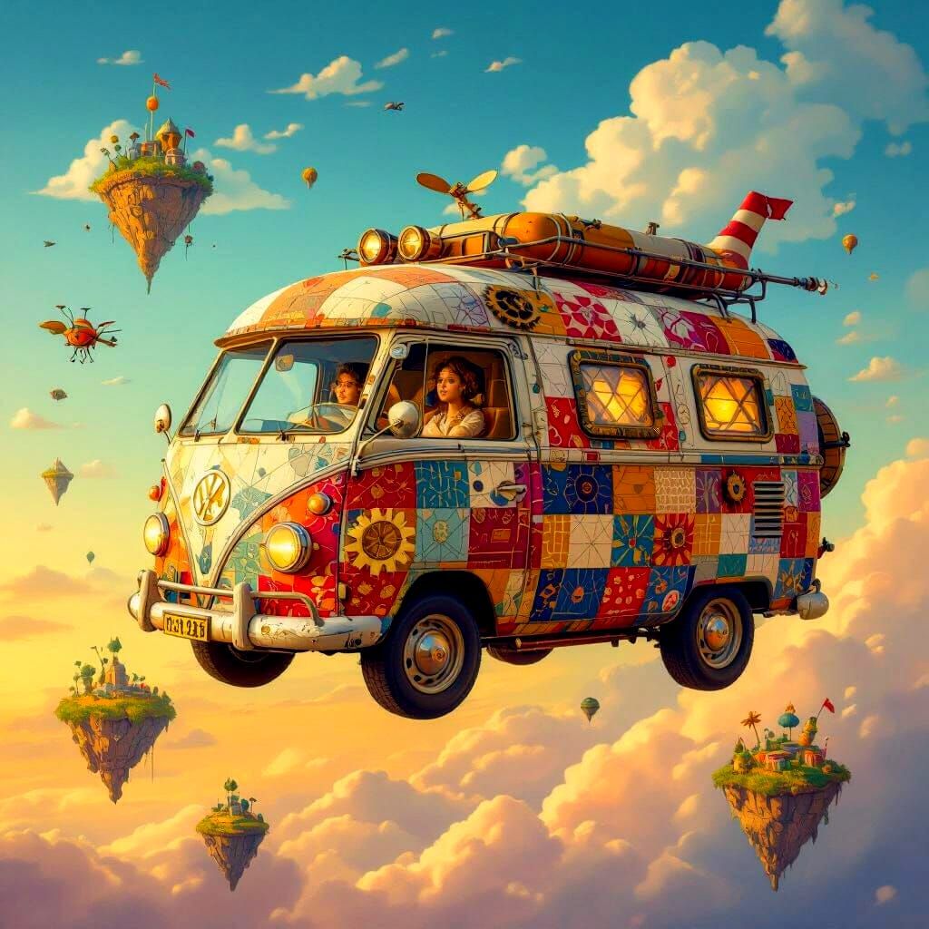Fantastical Flying Campervan Adventure in Painterly Style