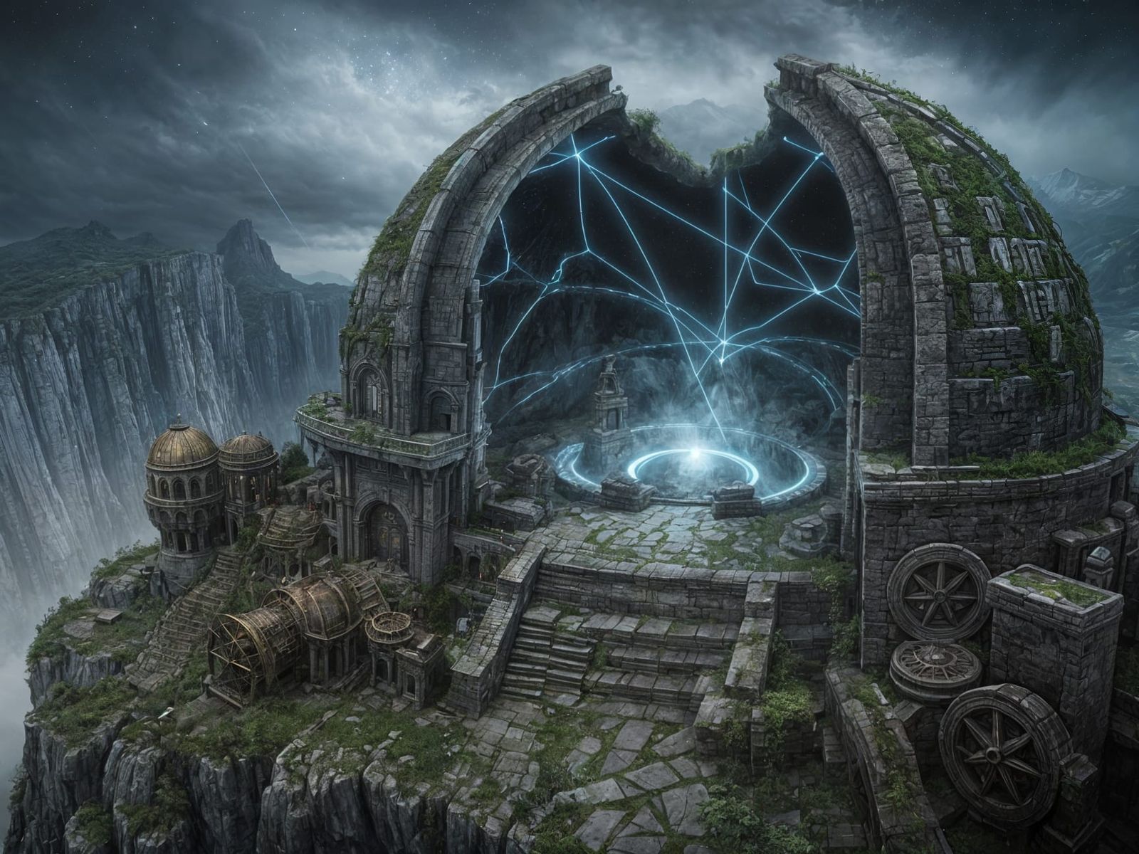 Mystical Observatory Ruins Under Foggy Night Sky