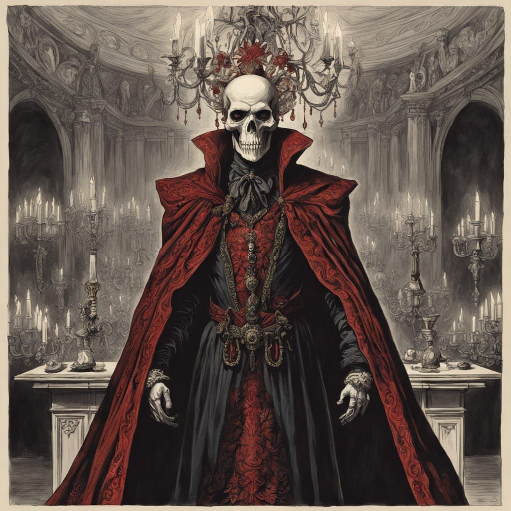 Ominous Masquerade Figure Reveals Ghastly Skull in Crimson
