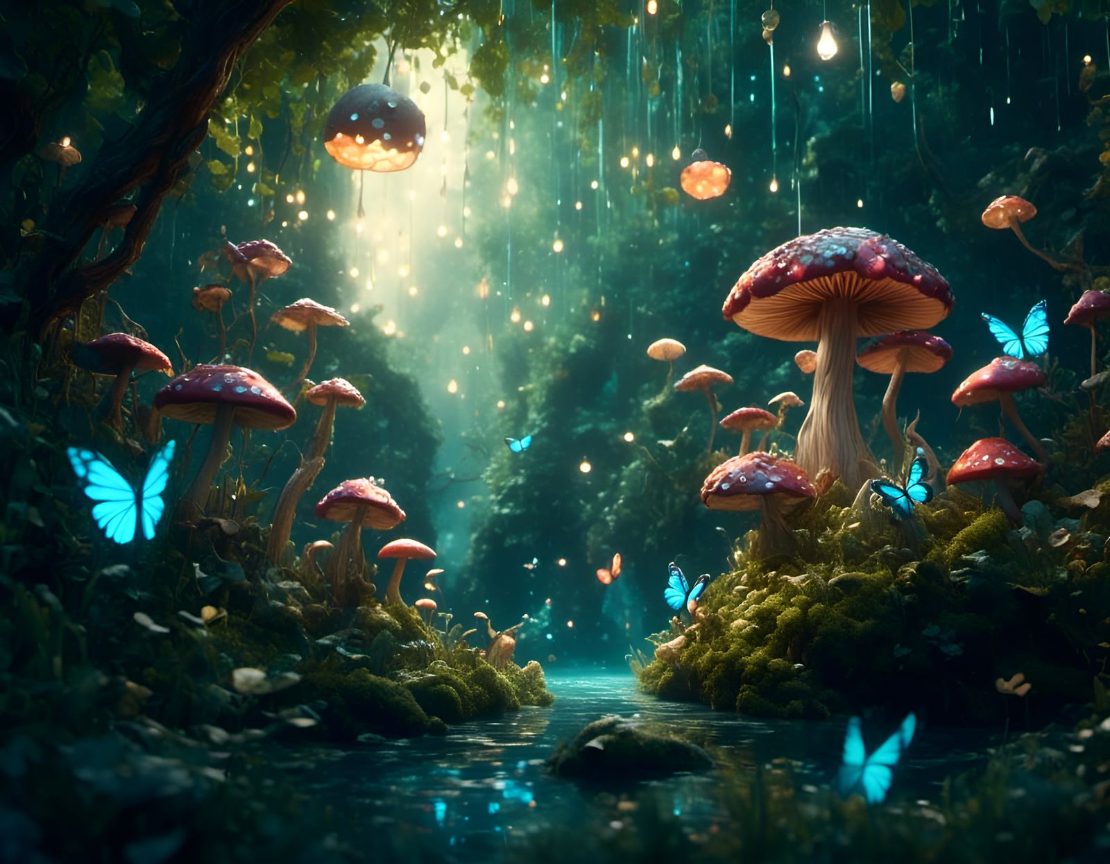 Enchanted Forest Scene with Singing Mushrooms and Elves