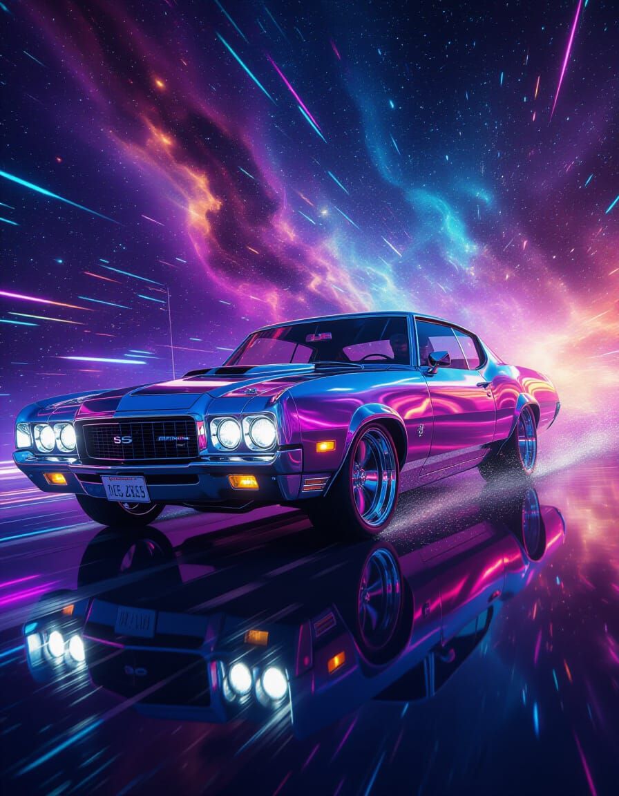 Chrome Muscle Car Drifting Through Cosmic Nebula in Art Deco...
