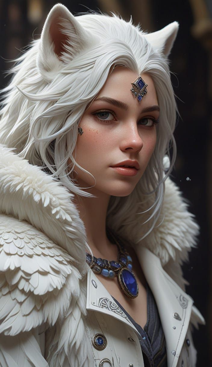 Regal White Werewolf Female with Luxurious Fur Coat