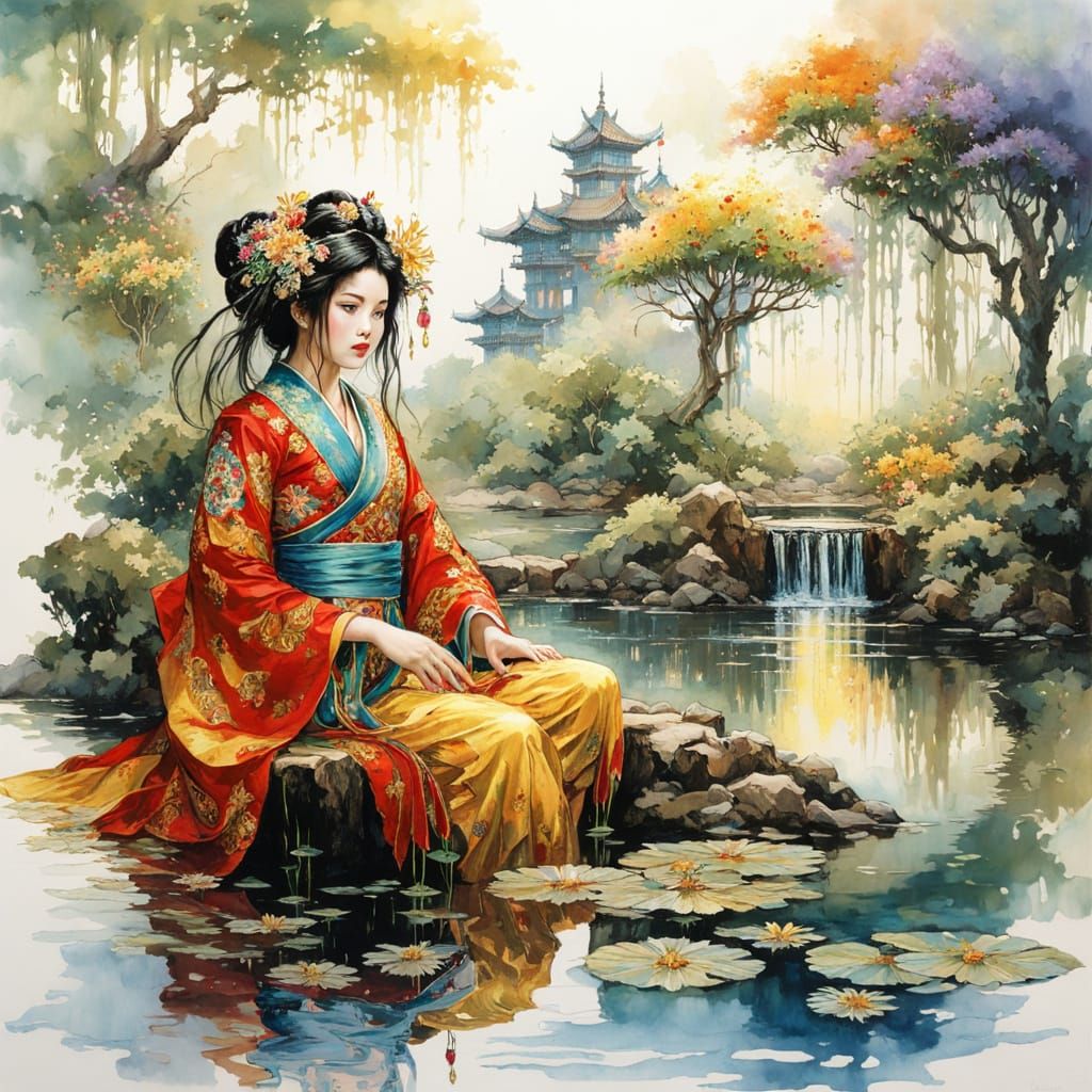 Surreal Geisha in Dreamlike Landscape with Golden Motifs and...