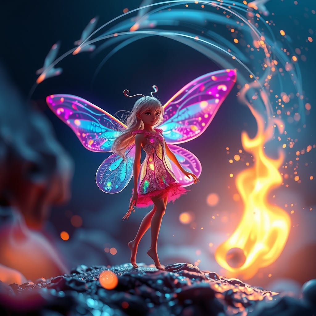 Iridescent Firefly in Snowglobe: Digital Anime 3D Art