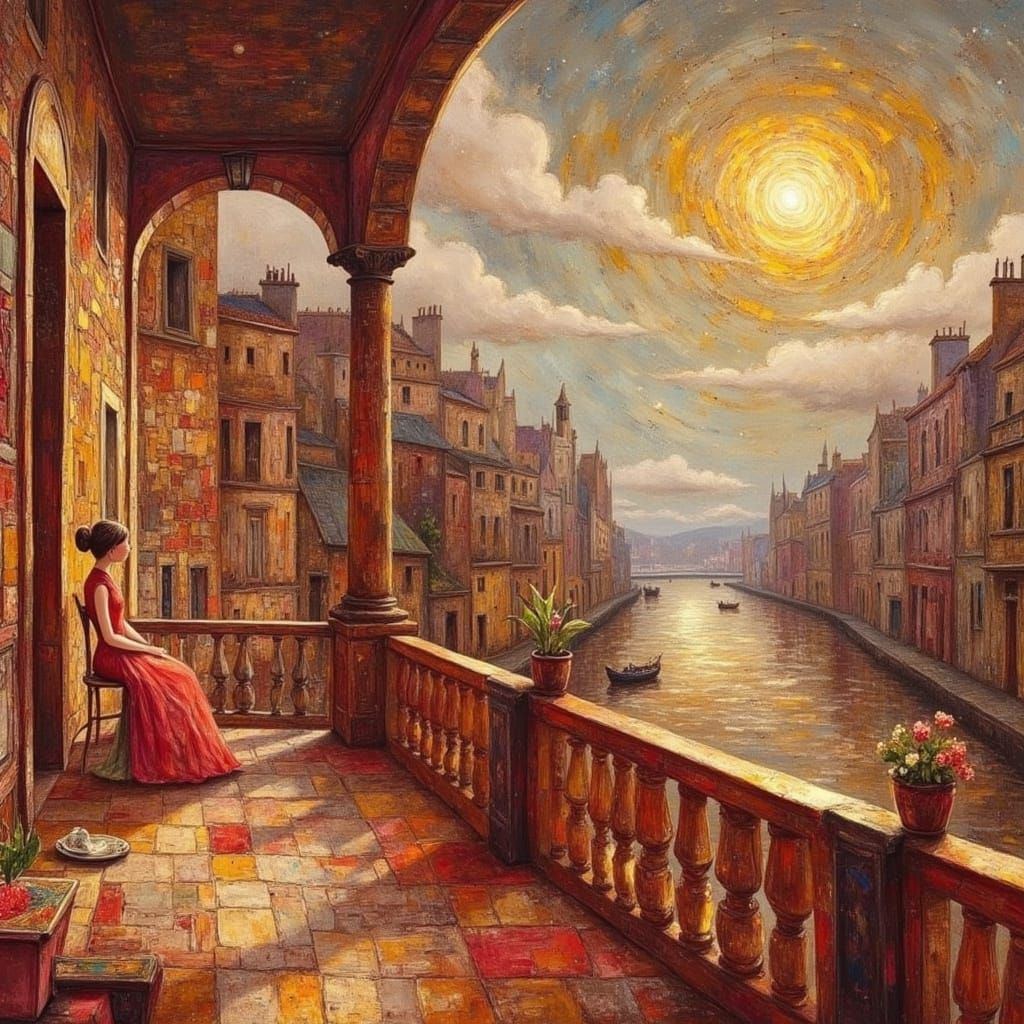 Elegant Woman on Balcony in Cubist Surrealist Style
