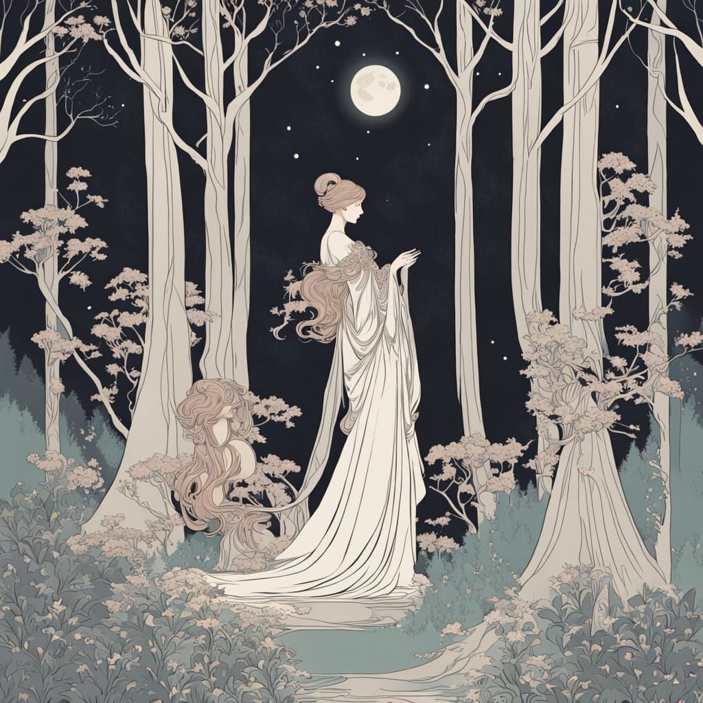 Art Deco Moonlit Forest Illustration in Mucha Style