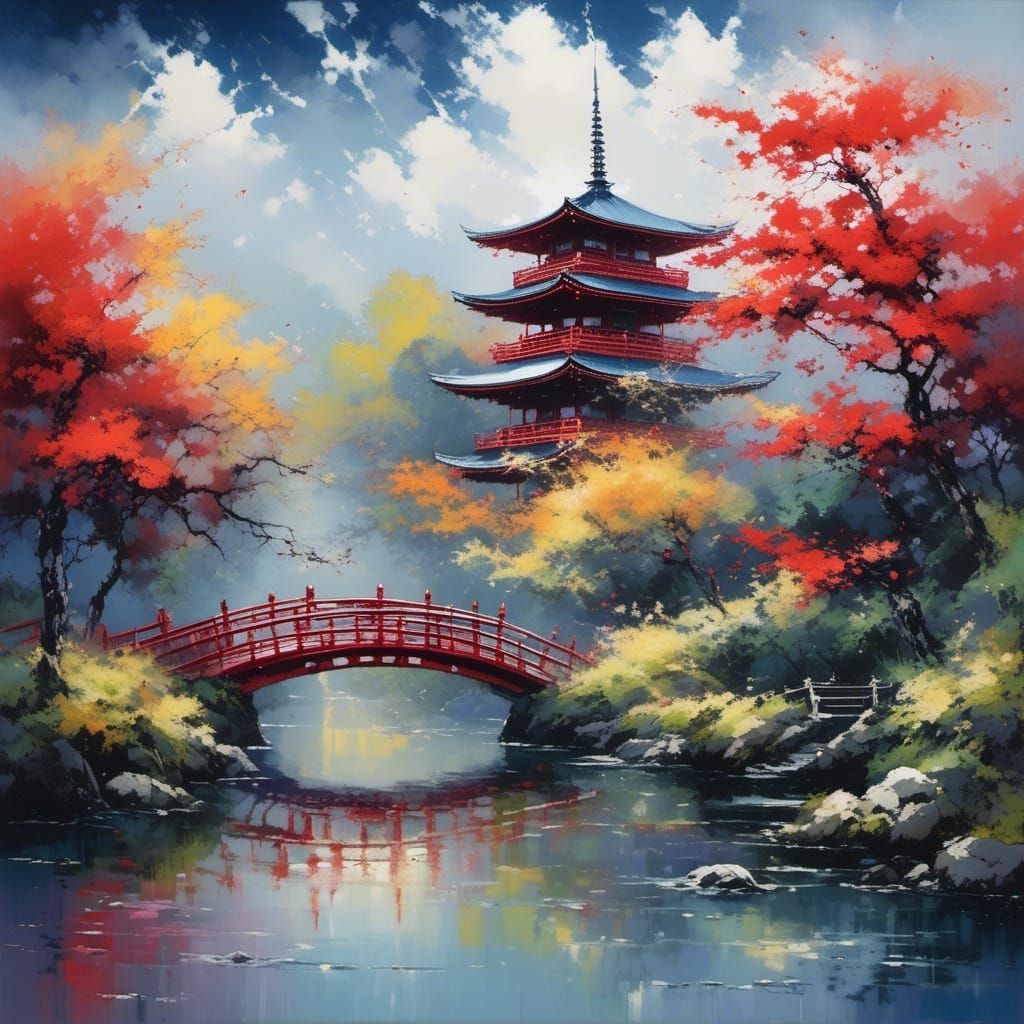 Japanese Garden with Pagoda and Koi Pond