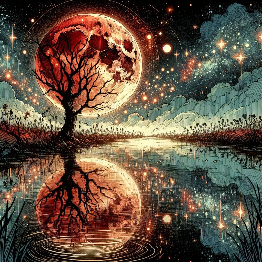 Surreal Nocturnal Masterpiece in Crosshatch and Watercolor S...