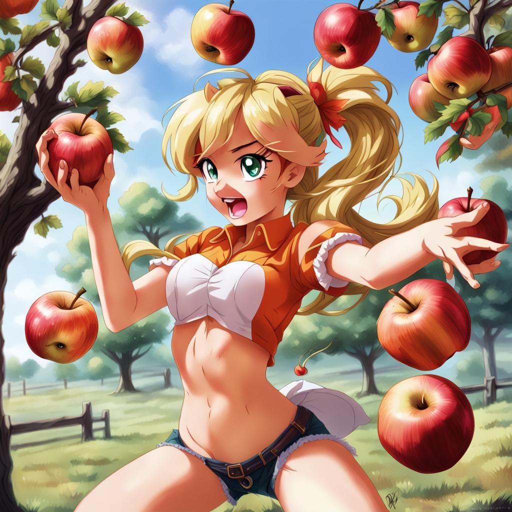 Applejack Bucking Apples in Anime Style
