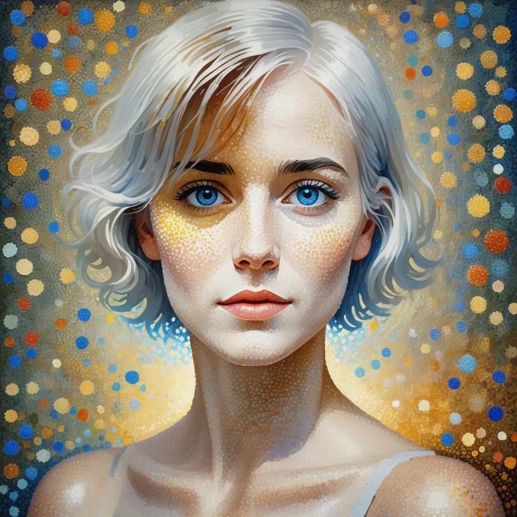 Pointillist Portrait of Woman with Blue Eyes