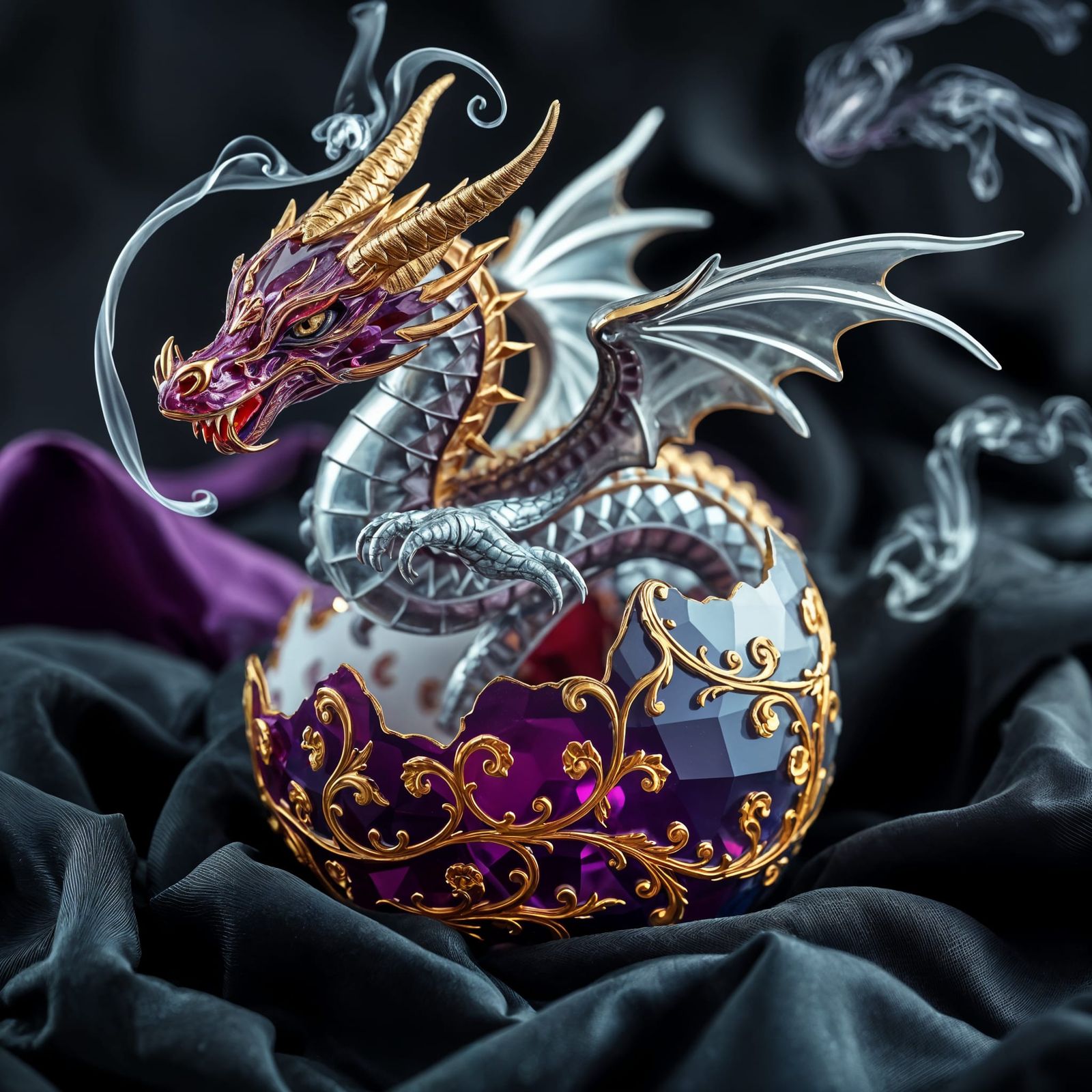 Enameled Crystal Dragon Hatching from Egg