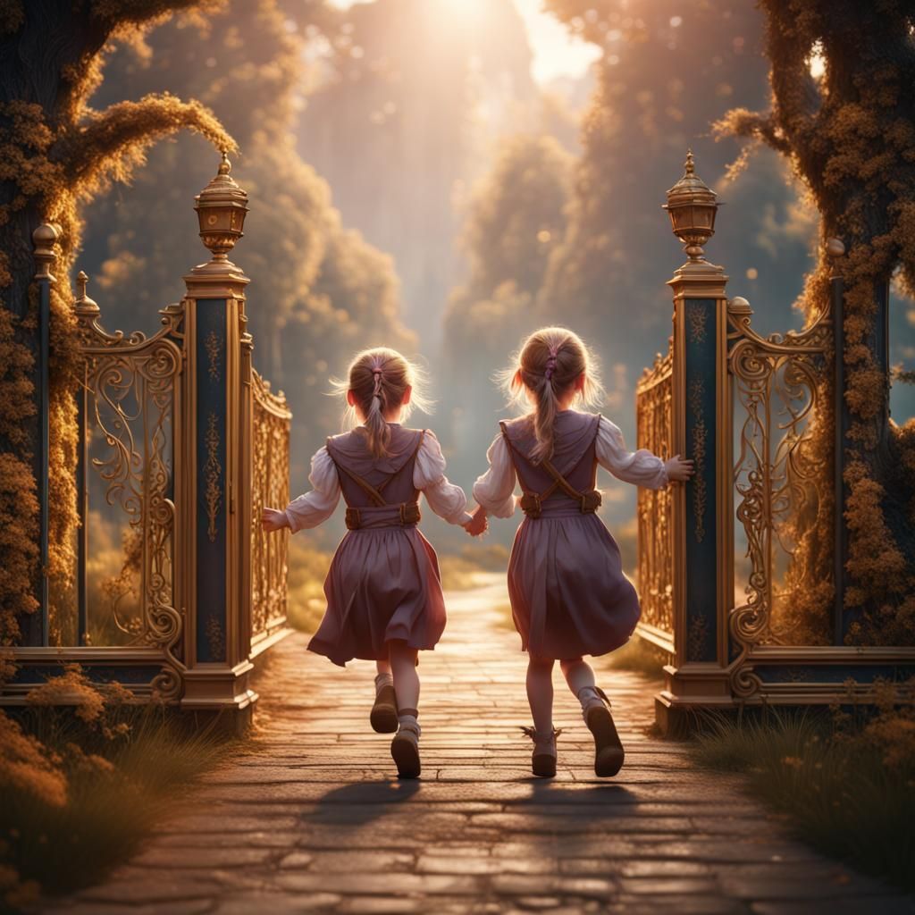 Twin Girls Skipping Rope in Golden Park