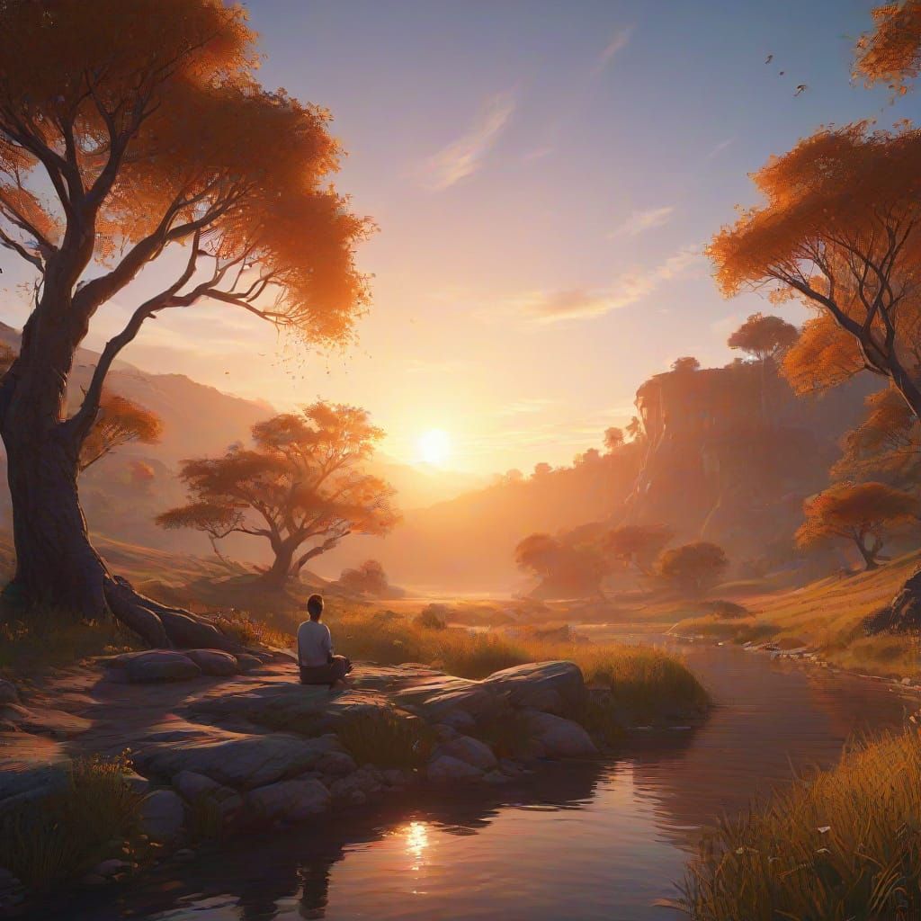 Serene Landscape Oil Painting in Golden Hour