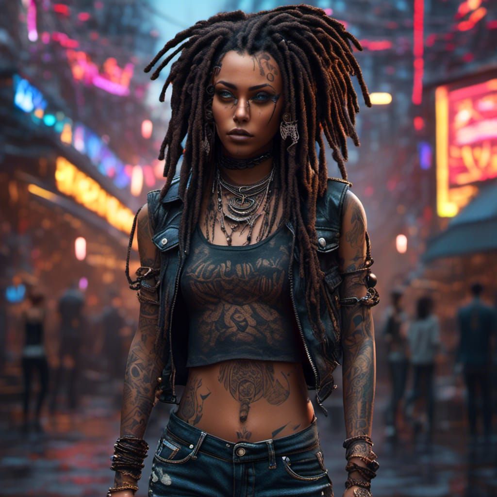 Cyberpunk Tattooed Woman with Dreads in Gothic Style