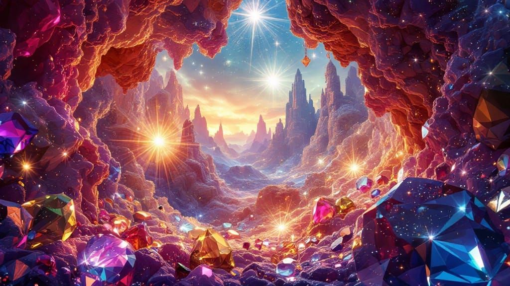 Psychedelic Gemstone Landscape with Neon Colors and Fractal....