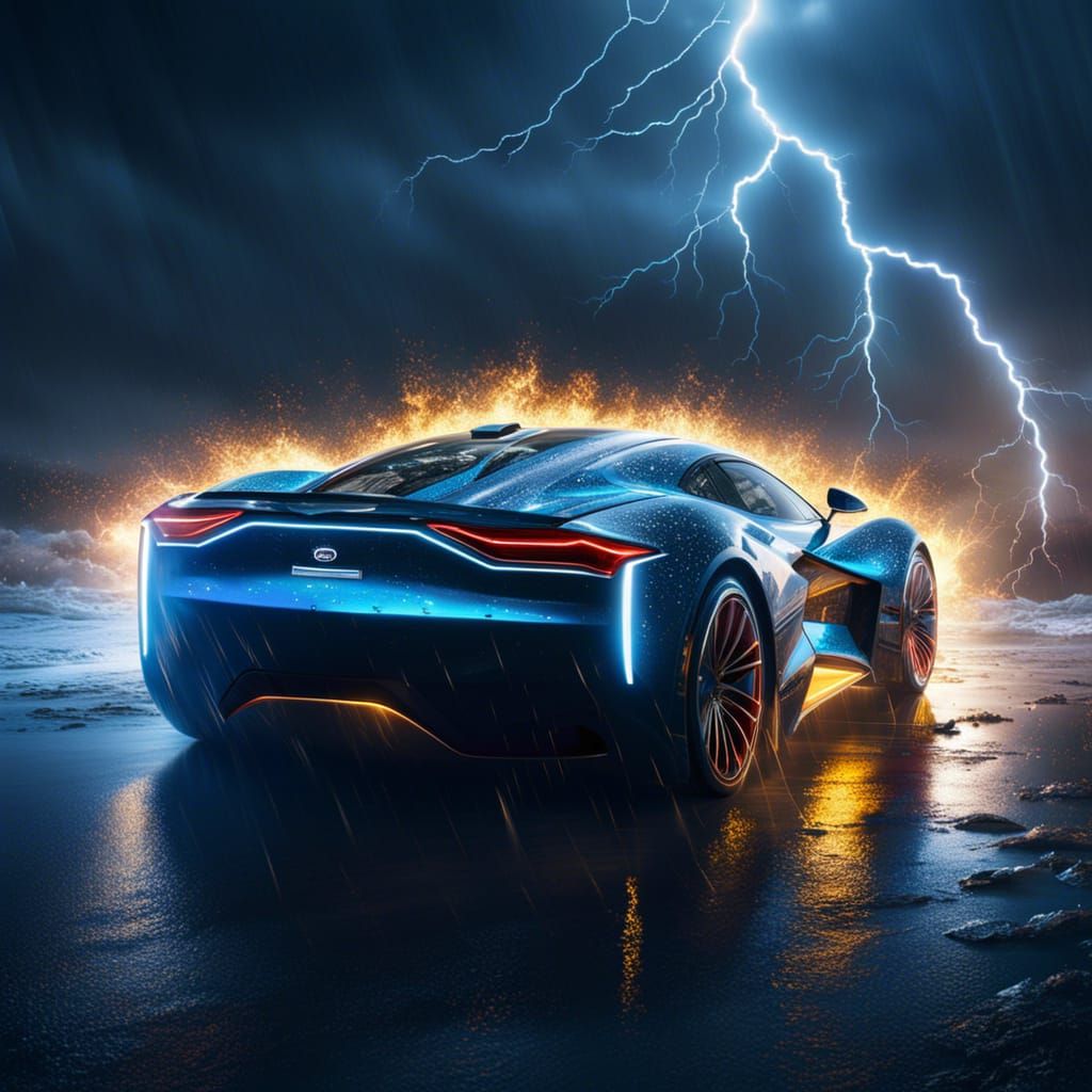 Electric Car Forged in Stormy Fantasy Landscape