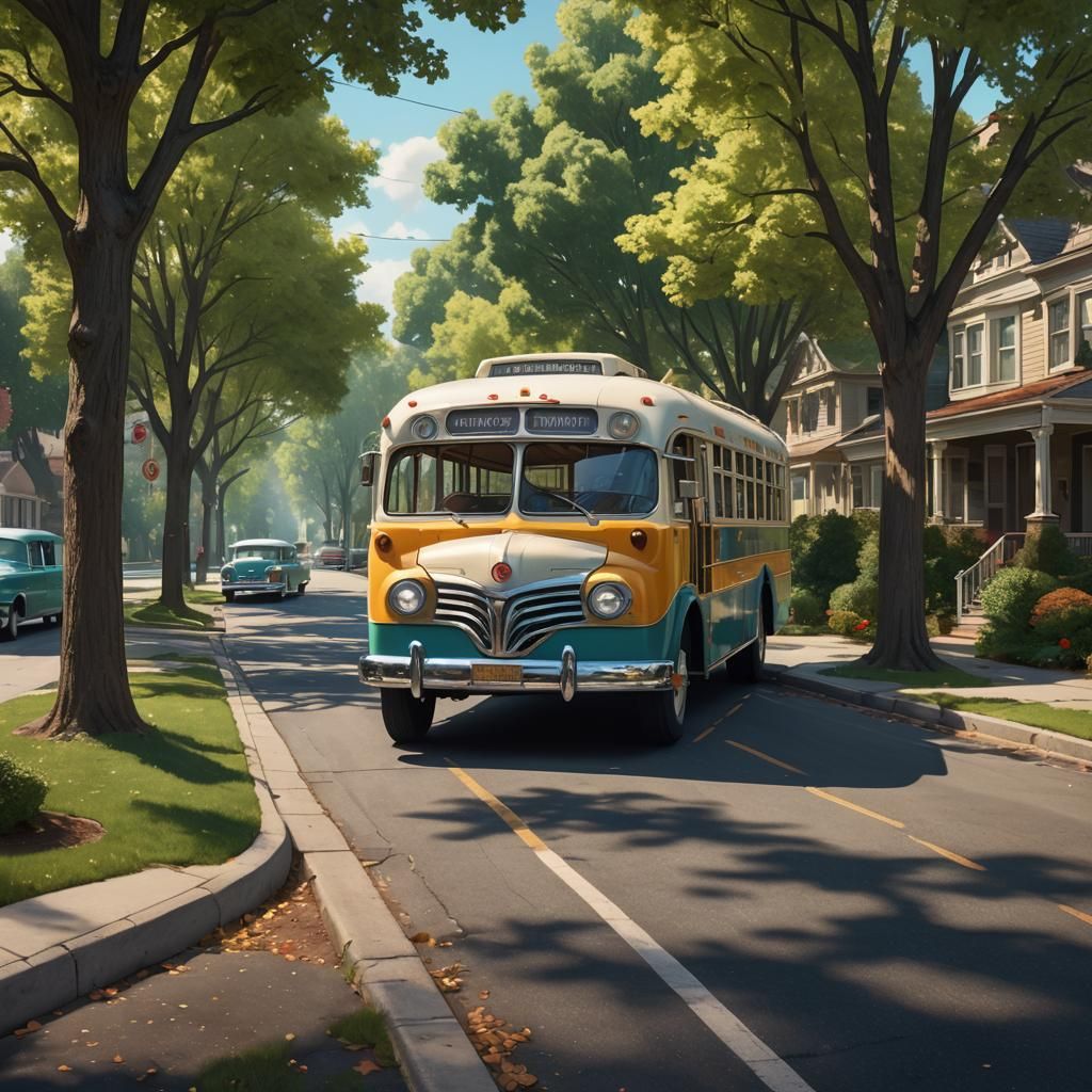 1950s City Bus on Suburban Street, Hyperdetailed Art