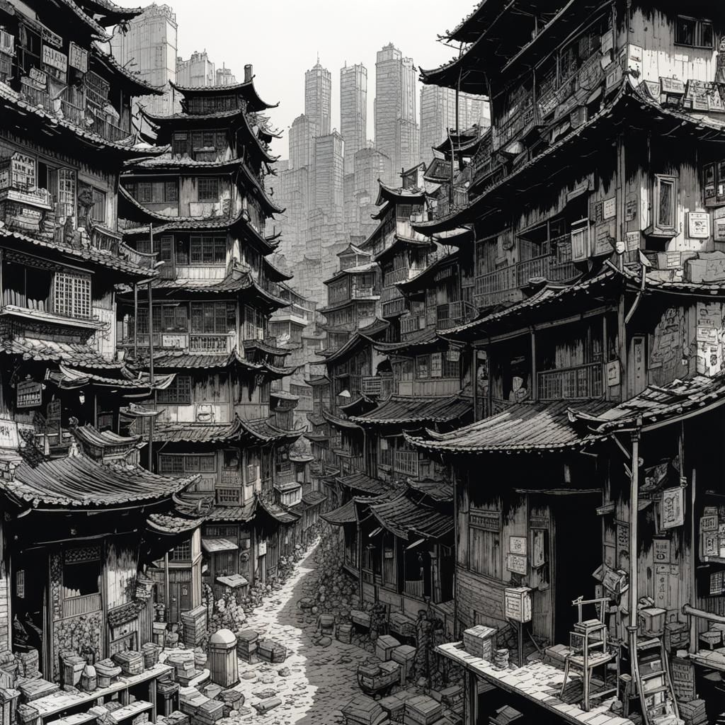 Kowloon Walled City: Black and White Manga Drawing