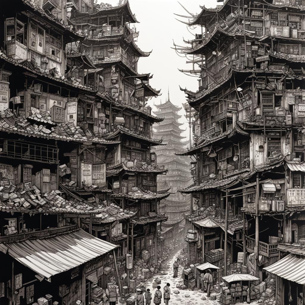 Kowloon Walled City: Black and White Manga Illustration