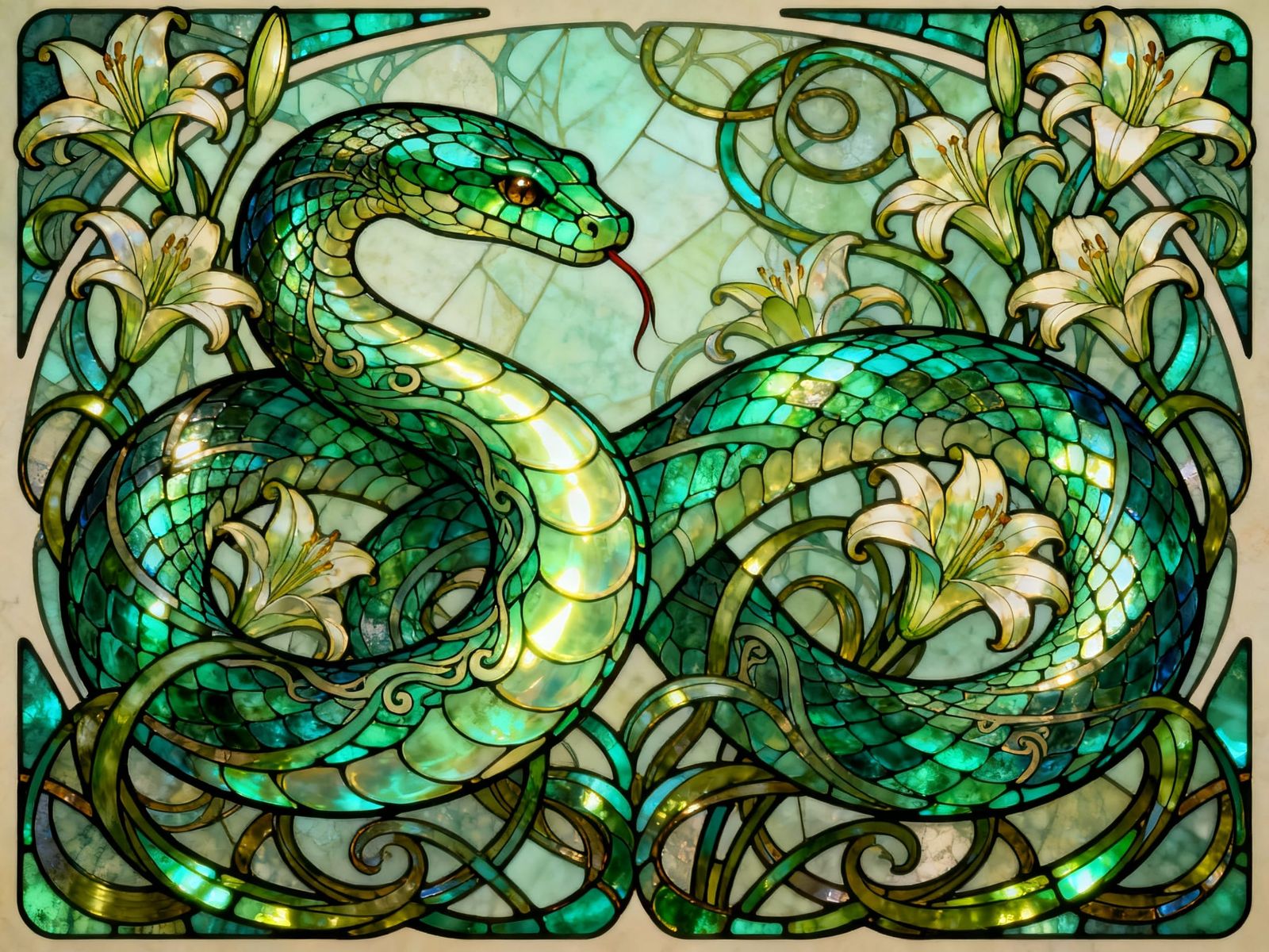 Art Nouveau Serpent Among Lilies