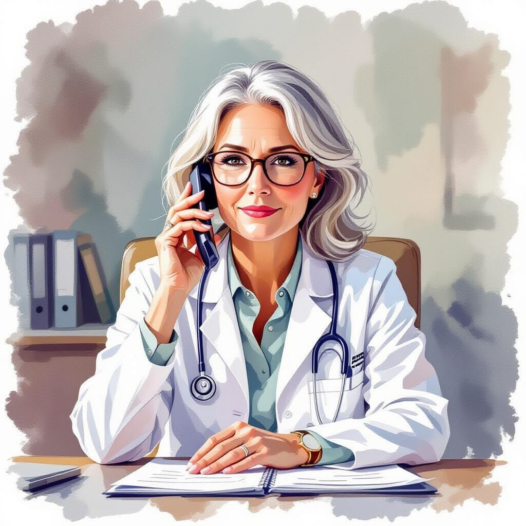 Female Doctor on the Phone, Watercolor Style