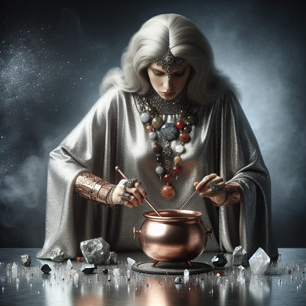 Mystical Woman in Hyperrealistic Aluminum Attire Uses Copper...