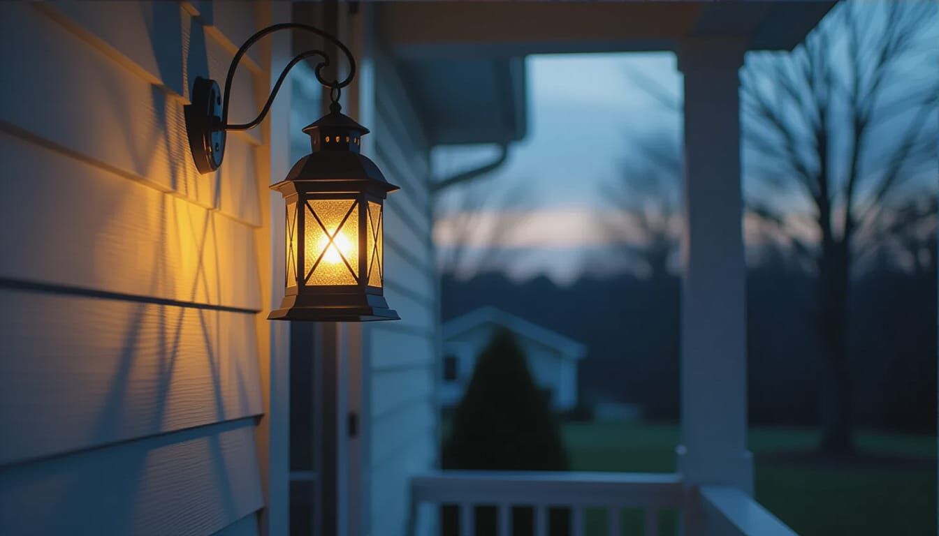 A Lit Lantern on a House Porch at Night