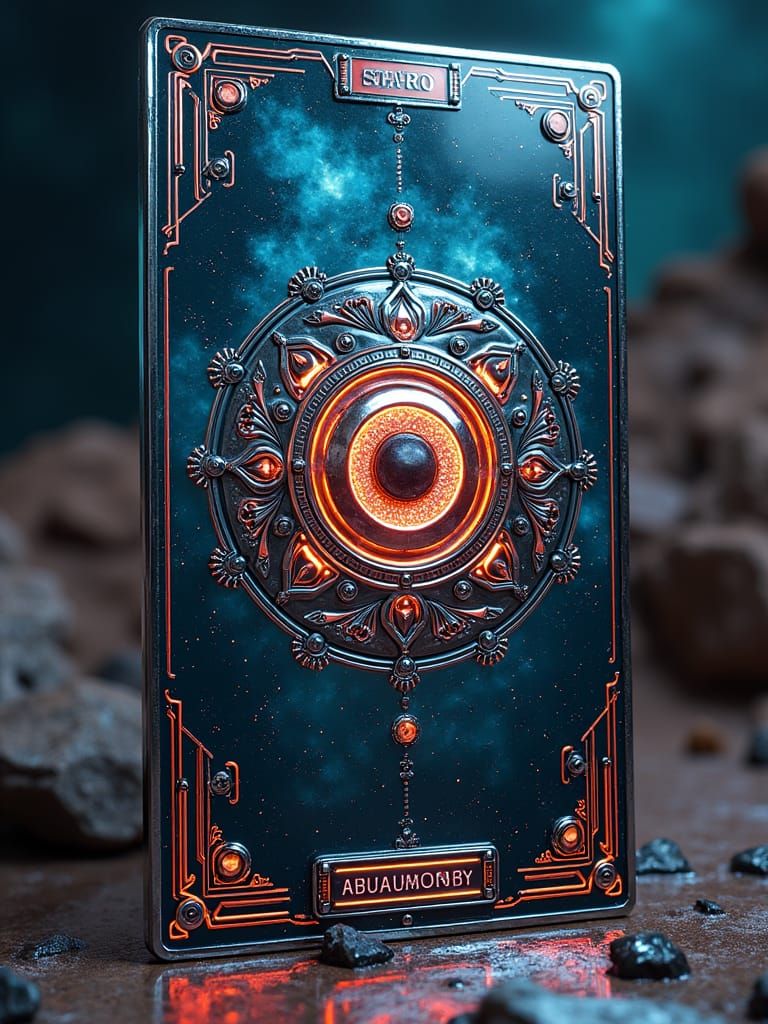 Futuristic Metallic Tarot Card in Industrial Style