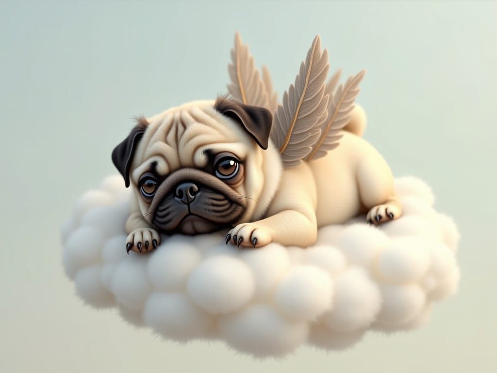 Surreal Pug on a Fluffy White Cloud, Realistic Style