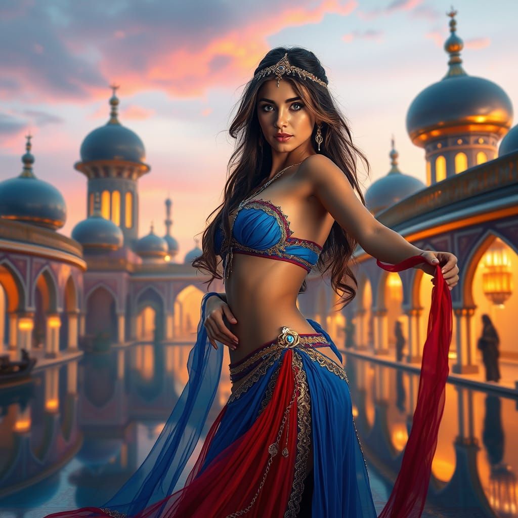 Sultry Arabian Dancer Captivates in Futuristic Palace Twilig...