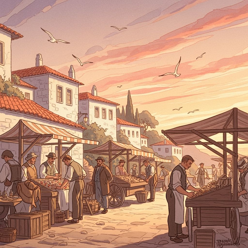 Mediterranean Market Scene at Sunset, Watercolor Style