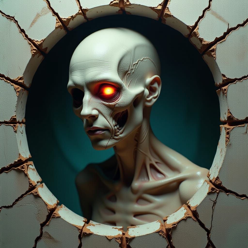 Disturbing Eyeless Creature in Biomechanical Horror Style
