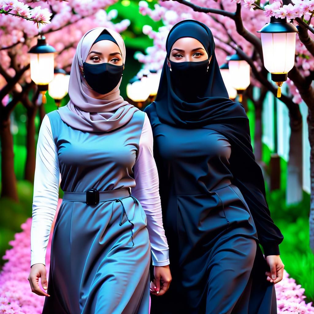 Two Women in Sakura Garden: Sci-Fi Digital Art