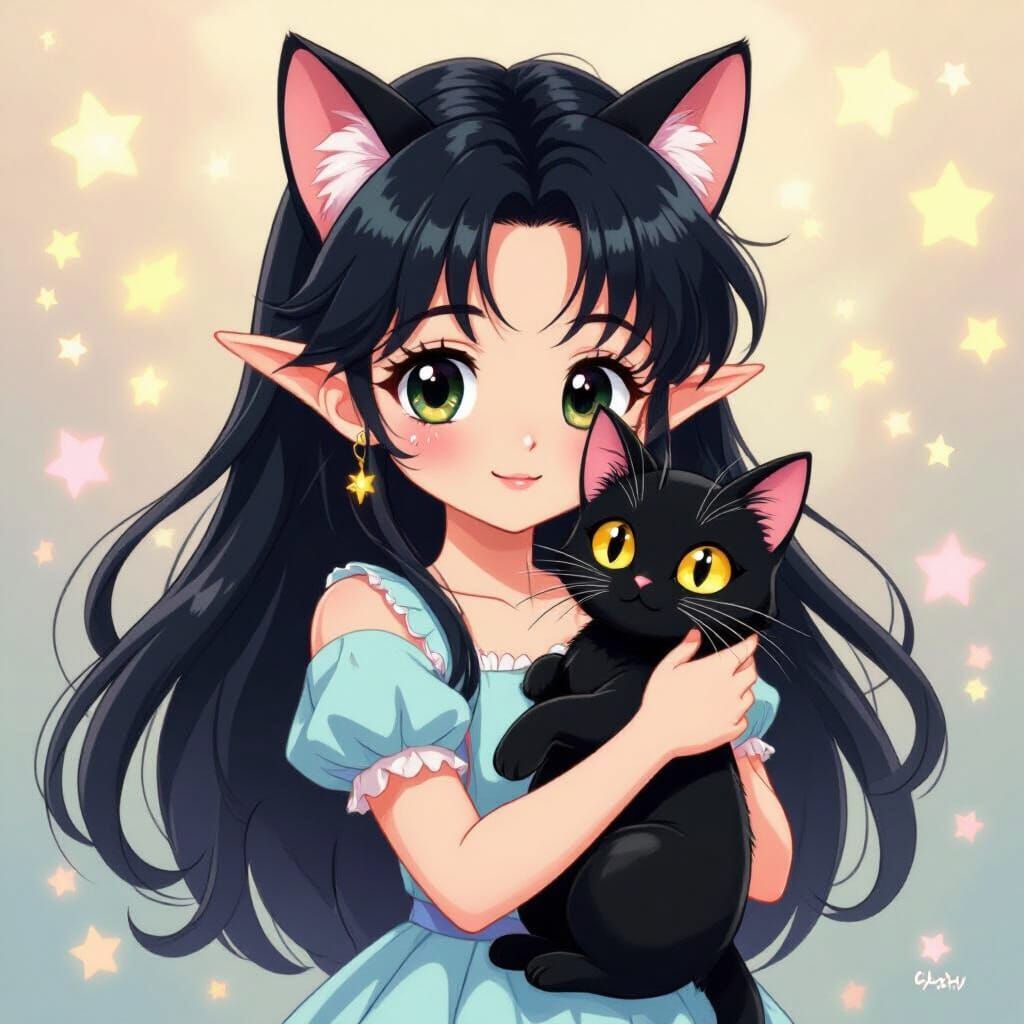 Chibi Anime Girl with Black Cat in 90s Style