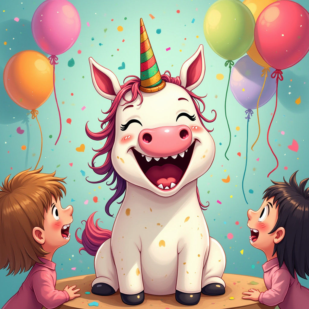 Whimsical Unicorn Laughing at Birthday Party