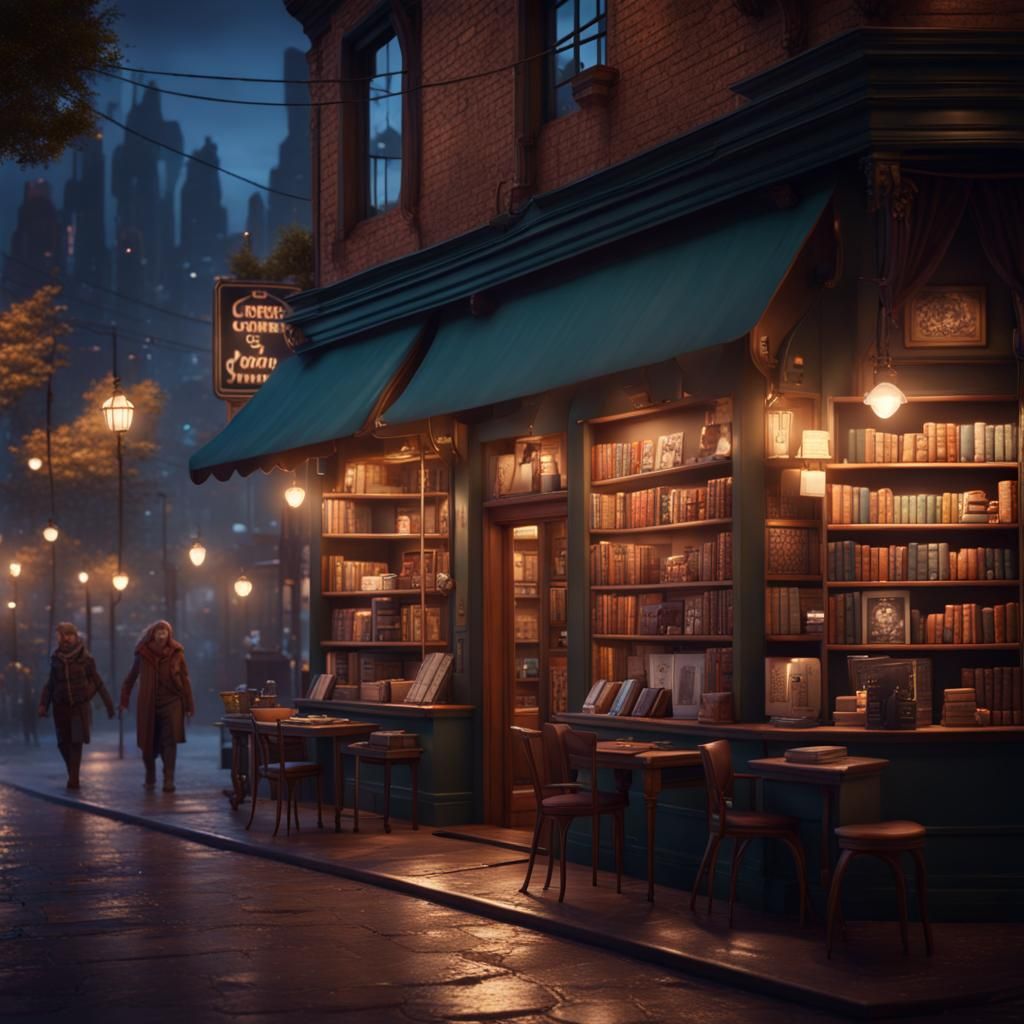 Cozy City Bookstore and Coffee Shop at Night